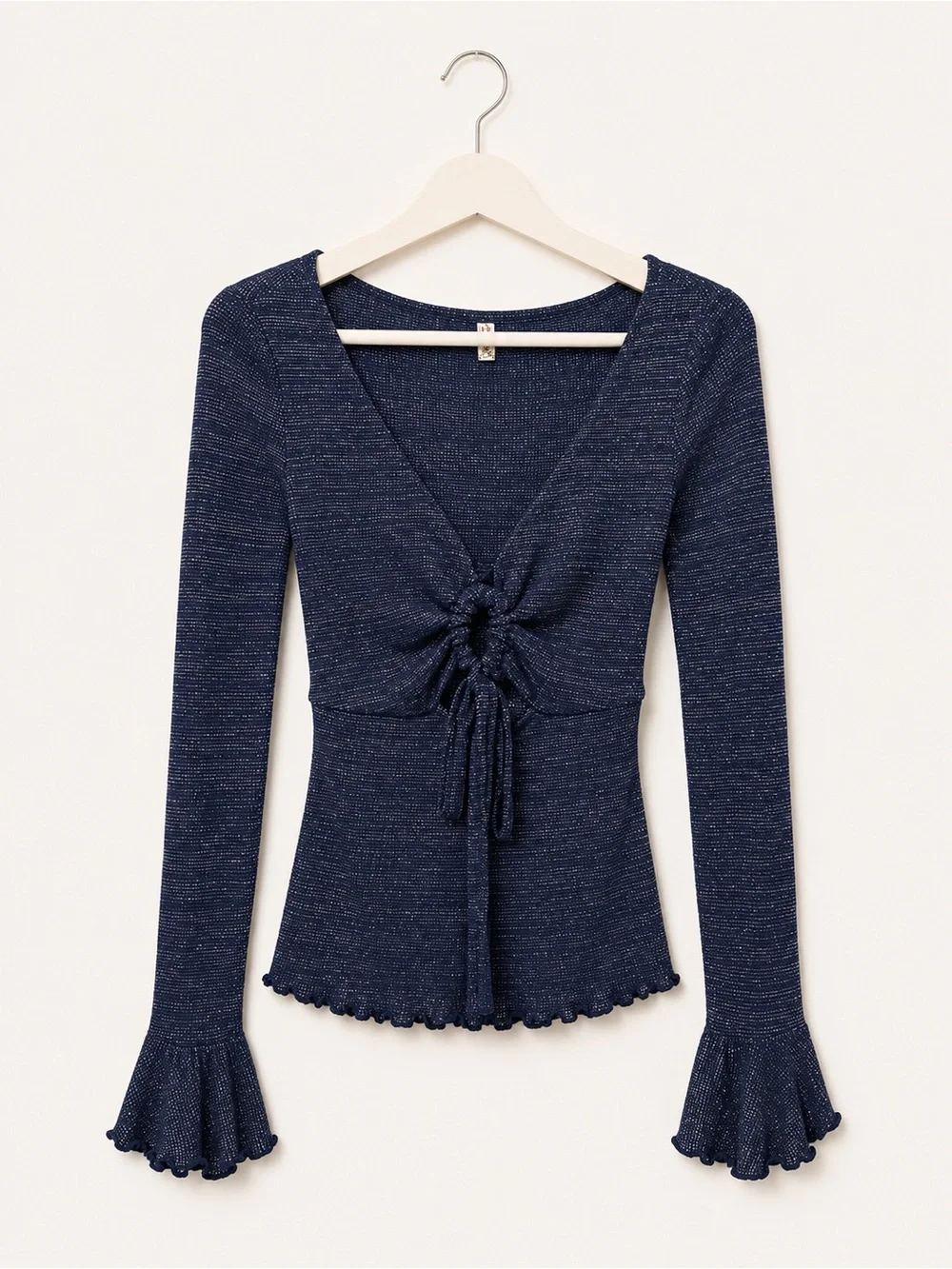 Intimately Free People Navy Metallic Ruched Tie Front Bell Sleeve Top XS NWOT